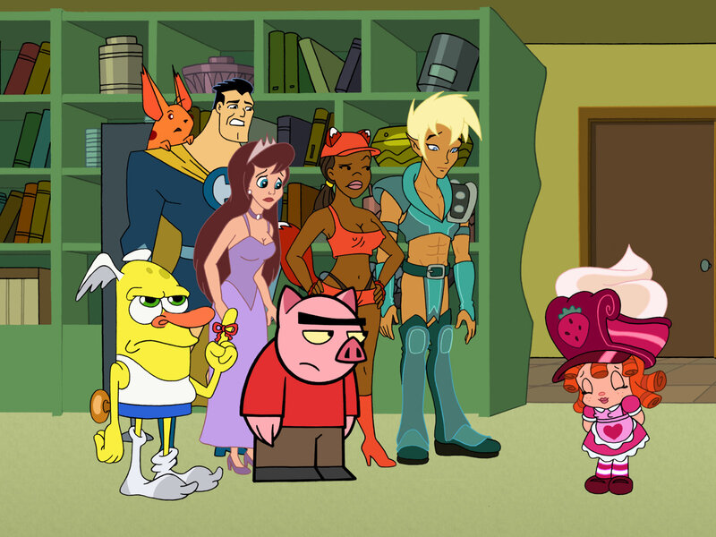 Cartoon characters in a library