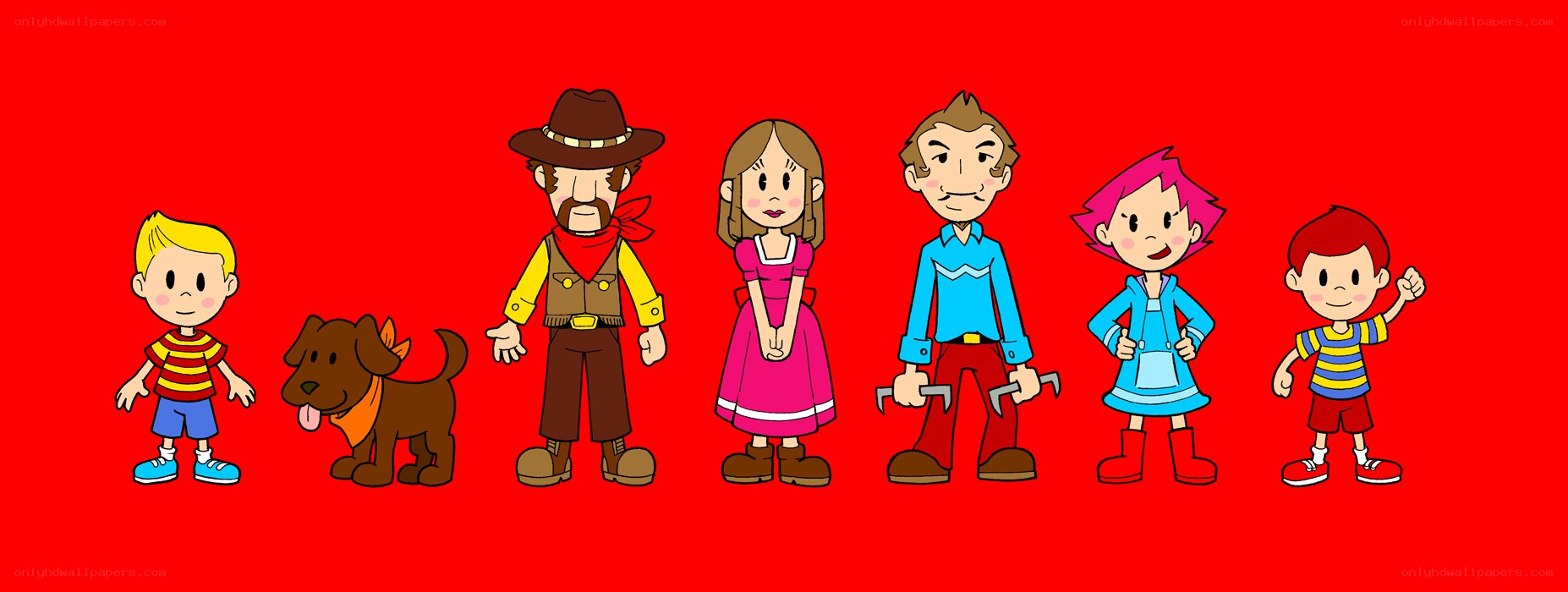 Cartoon characters in a line