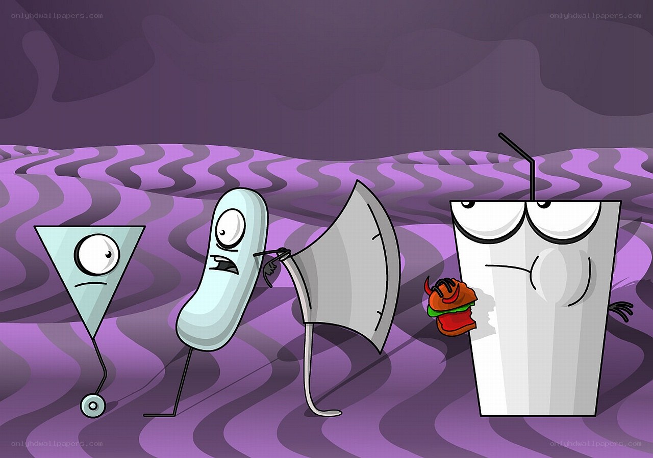 Cartoon characters in a purple landscape