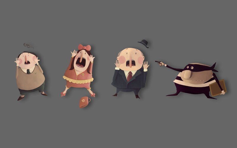 Cartoon characters in a robbery scene