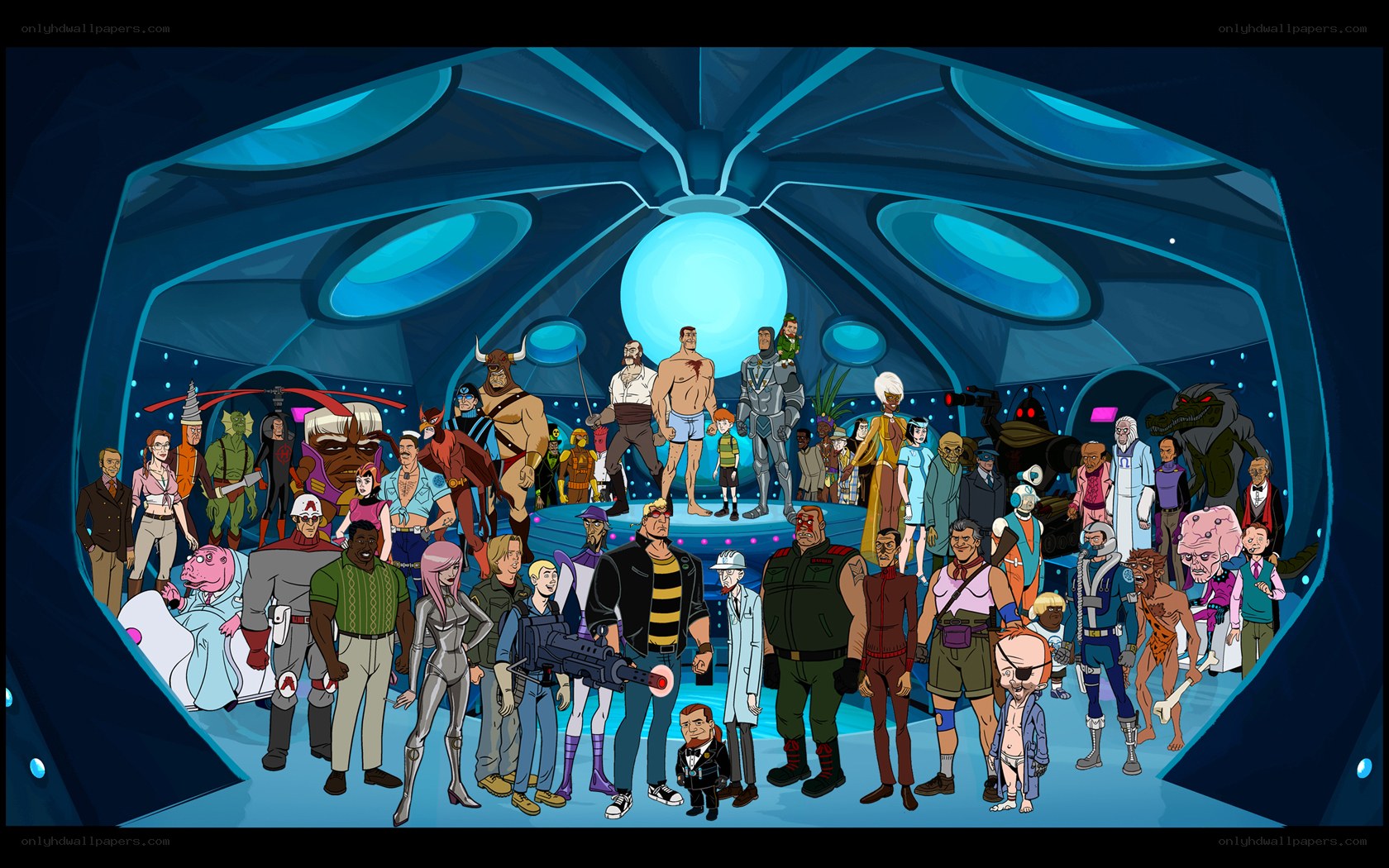 Cartoon characters in a spaceship