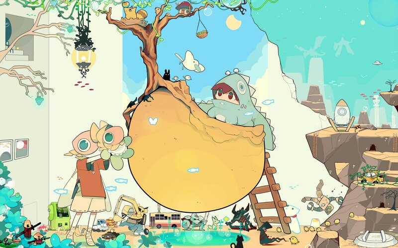 cartoon characters in a surreal landscape