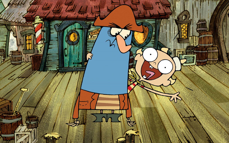 Cartoon characters in a village