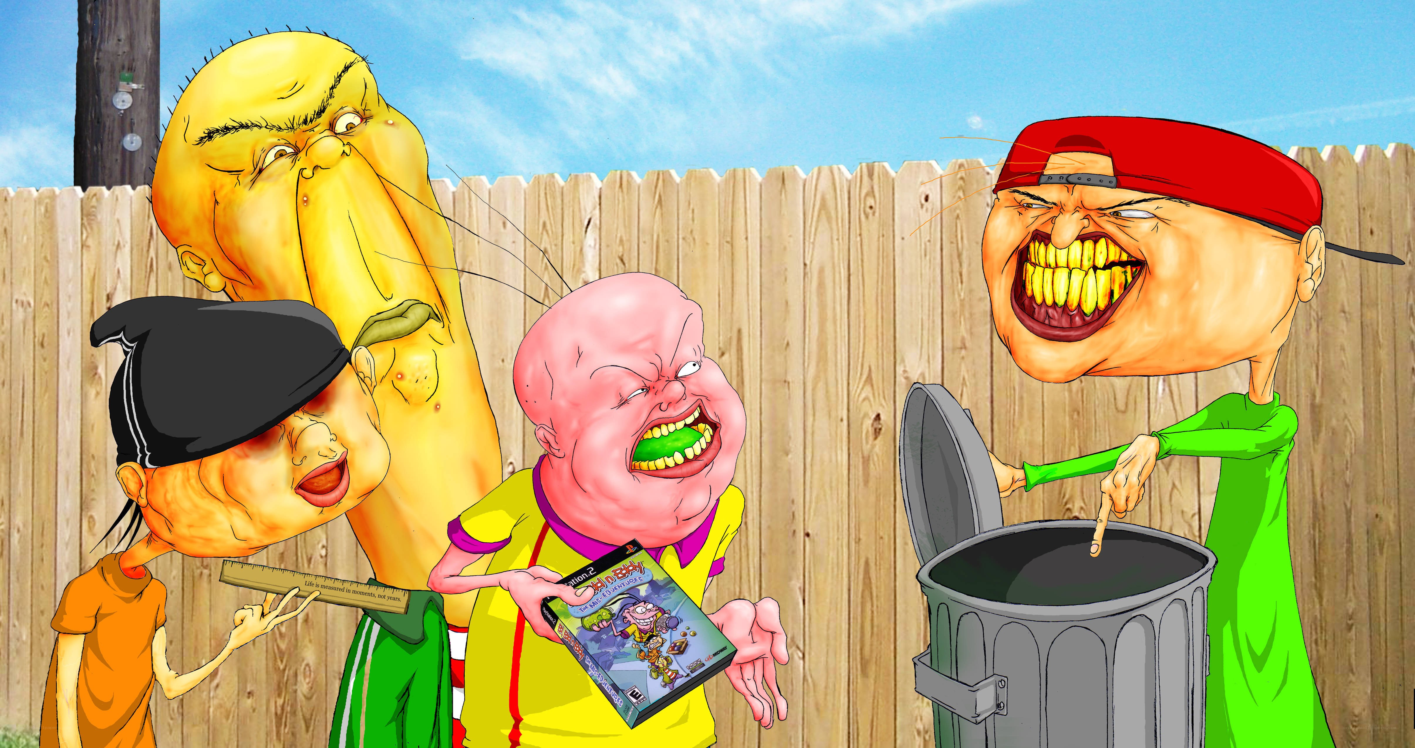 Cartoon characters in backyard