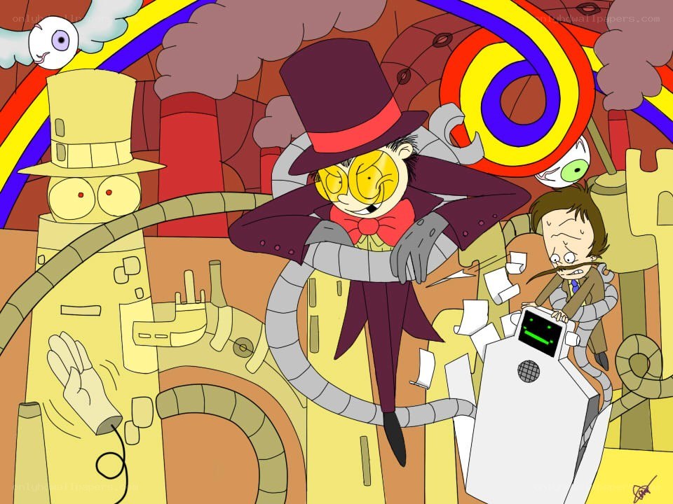 Cartoon characters in chaotic scene