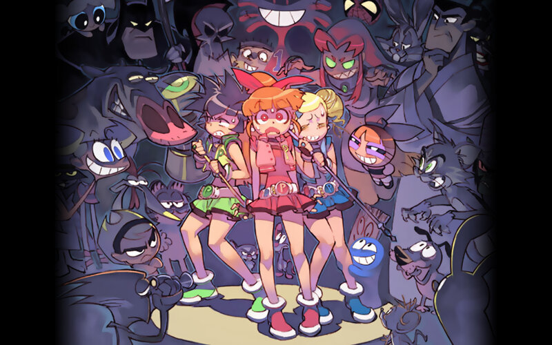 cartoon characters in dark crowd