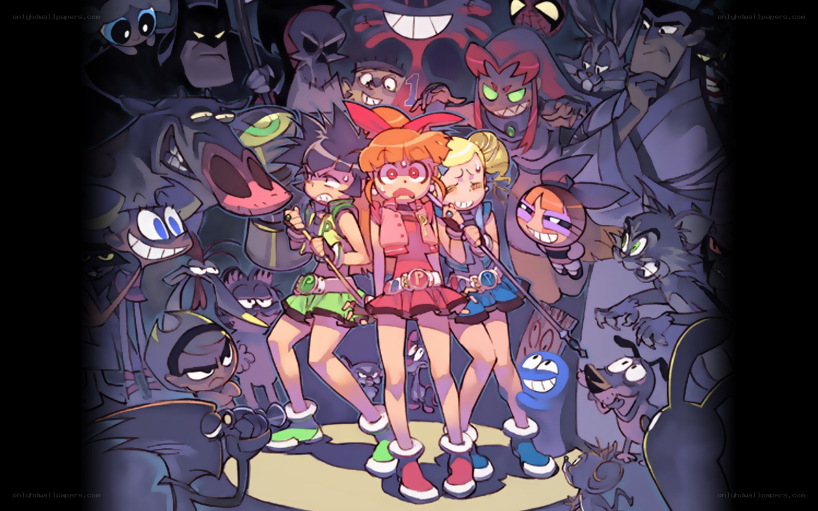 cartoon characters in dark crowd