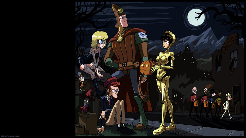 Cartoon characters in Halloween scene