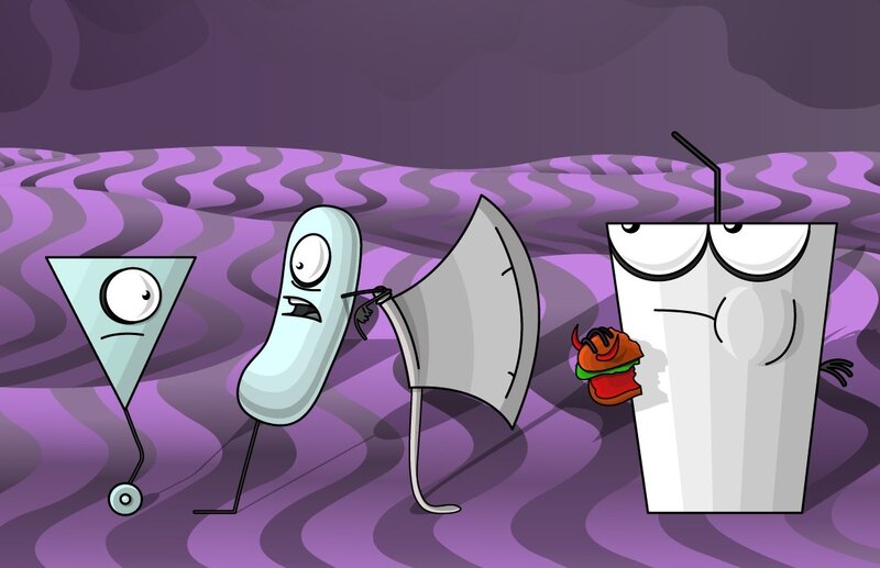 Cartoon characters in purple landscape