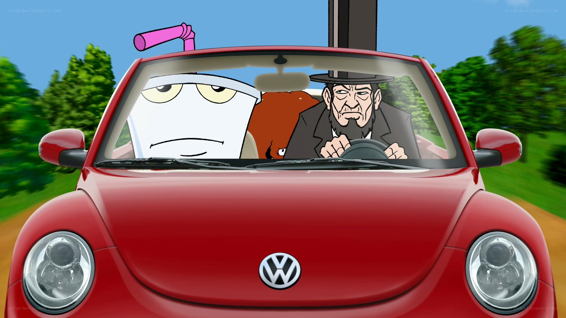 Cartoon characters in red car