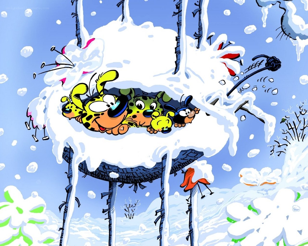 cartoon characters in snow