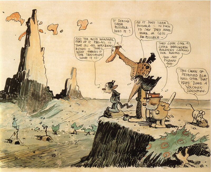 cartoon characters in volcanic landscape