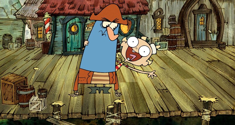 Cartoon characters on a dock