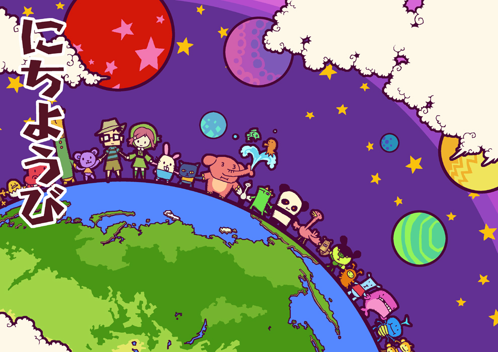 cartoon characters on a planet