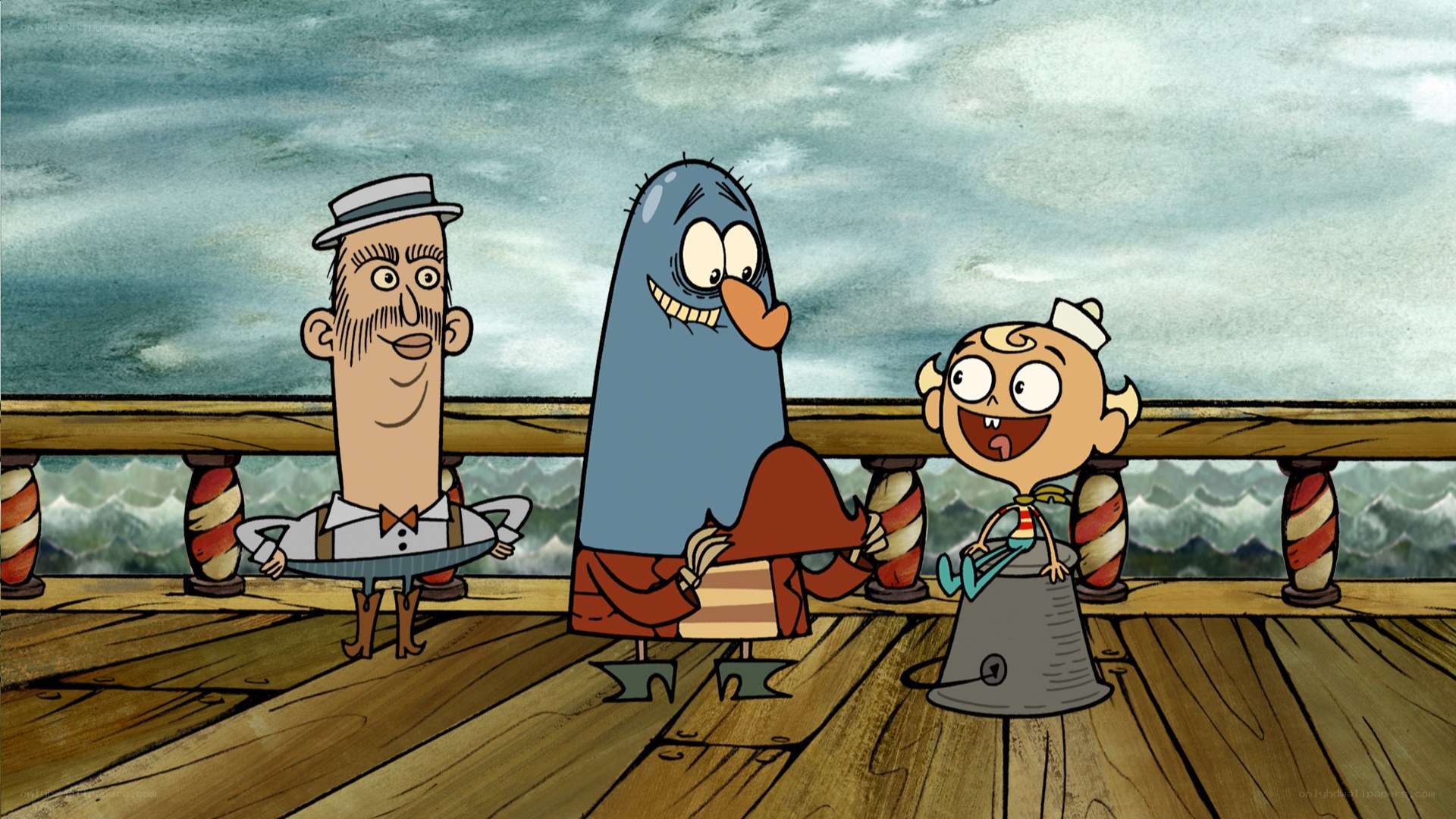 Cartoon characters on a ship deck