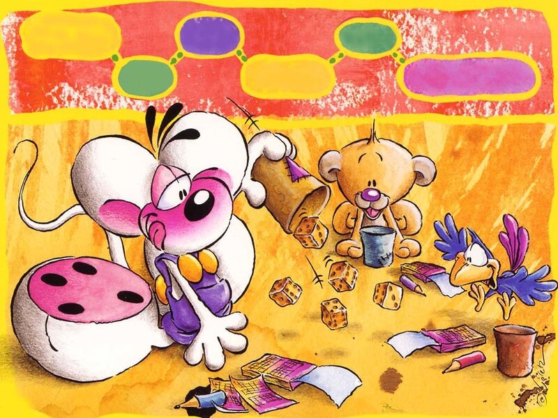 Cartoon characters playing with dice