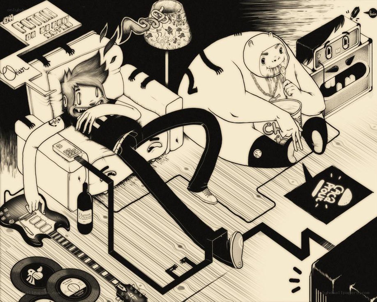 cartoon characters relaxing at home