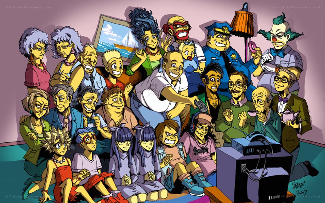 cartoon characters watching TV