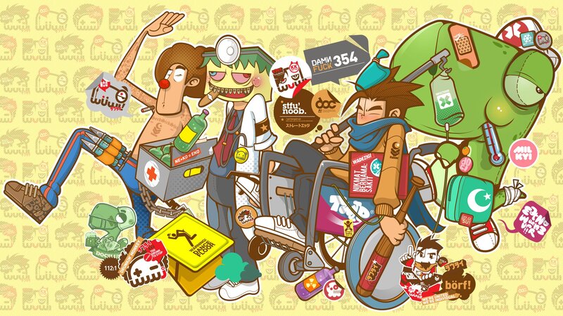 Cartoon characters with medical supplies
