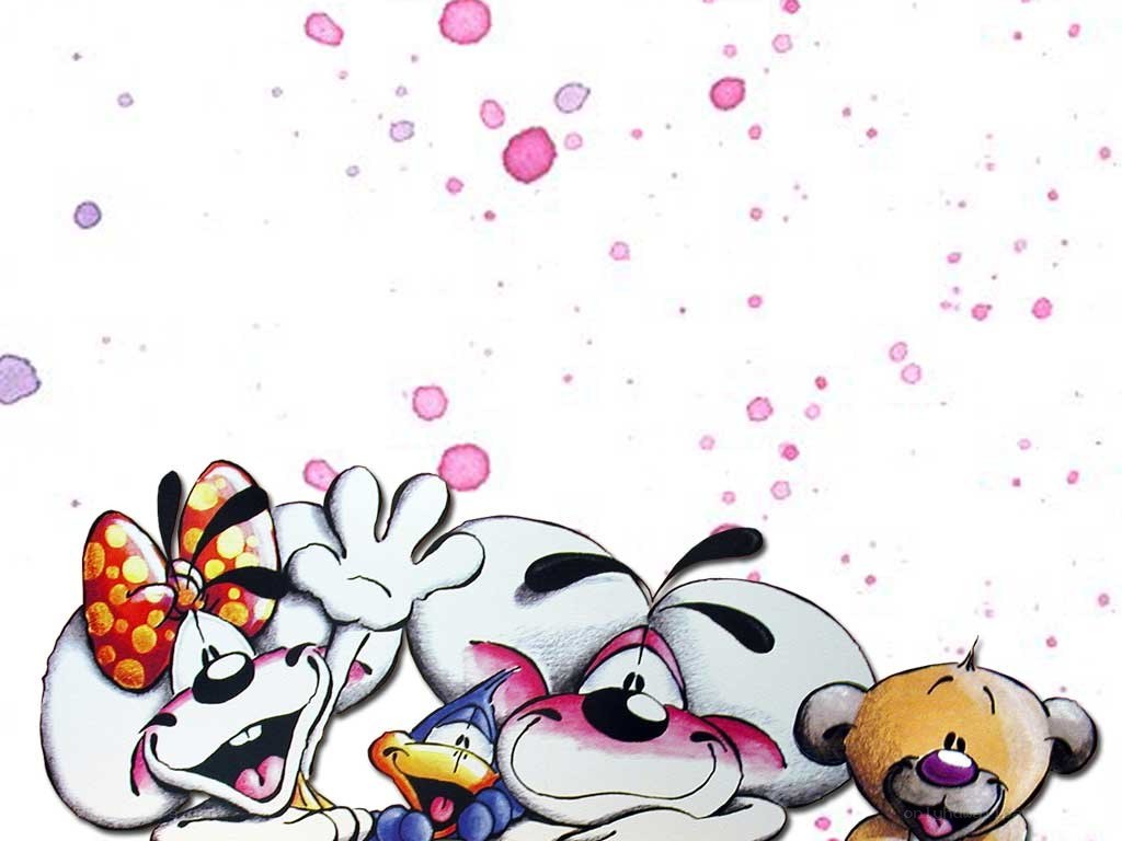 cartoon characters with pink splatters