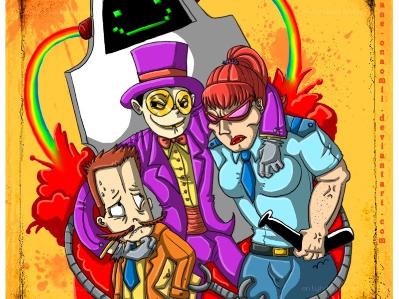 Cartoon characters with rainbow and weapon