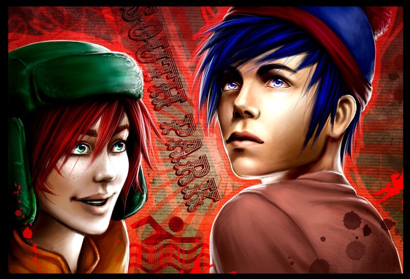 Cartoon characters with red and blue hair