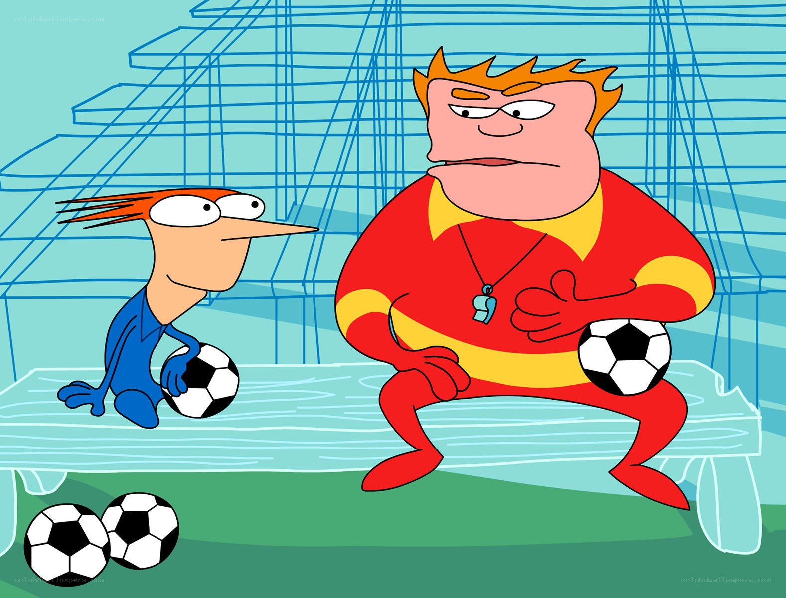 Cartoon characters with soccer balls