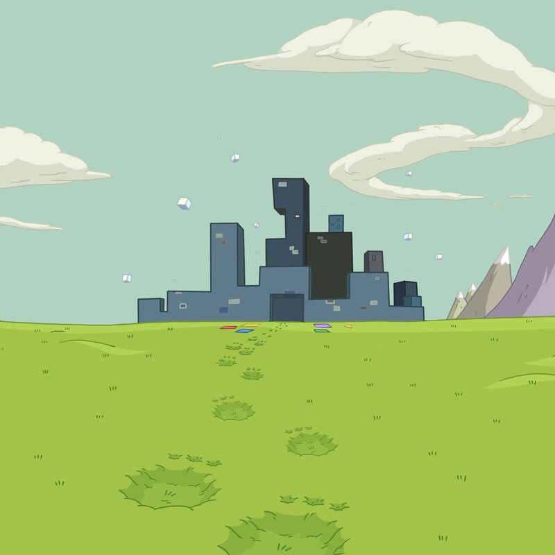Cartoon city on a green field
