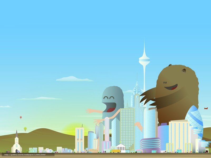 Cartoon city with giant creatures