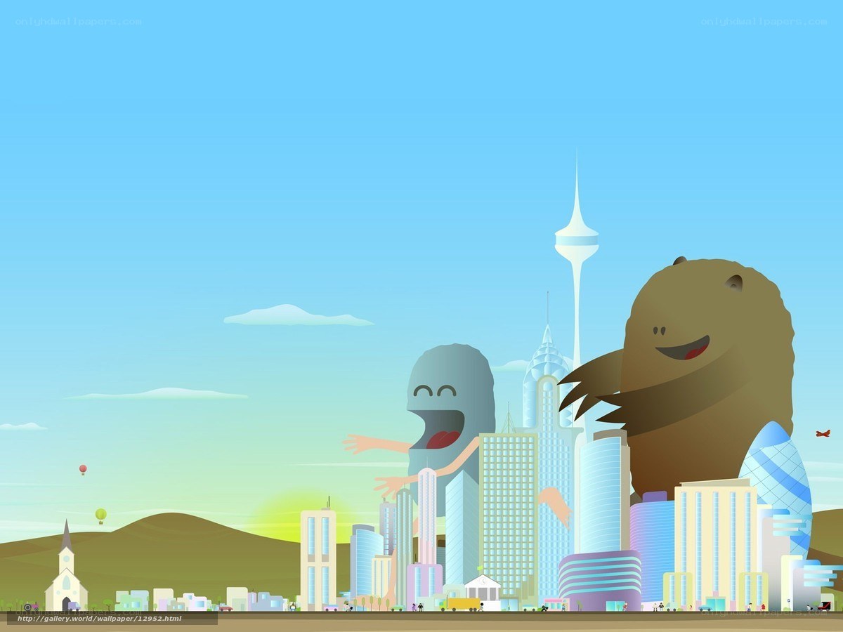 Cartoon city with giant creatures