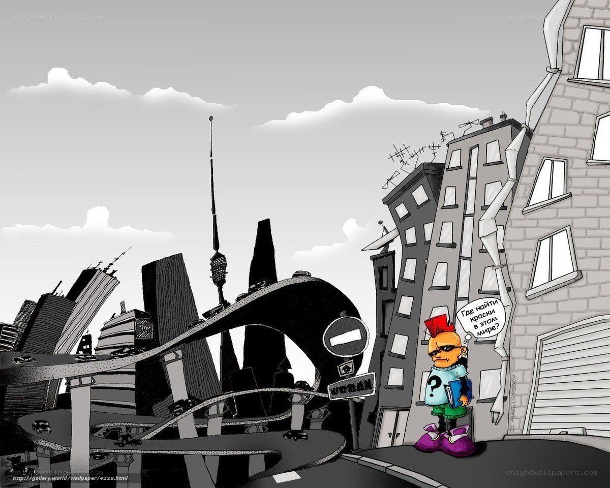 Cartoon city with question mark character