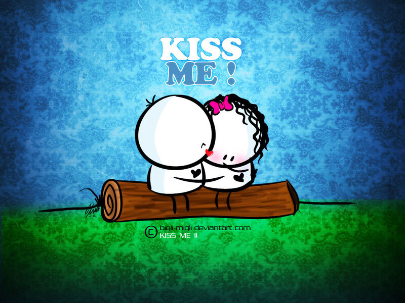 Cartoon couple kissing on log
