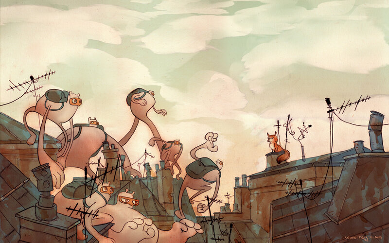 Cartoon creatures on rooftops