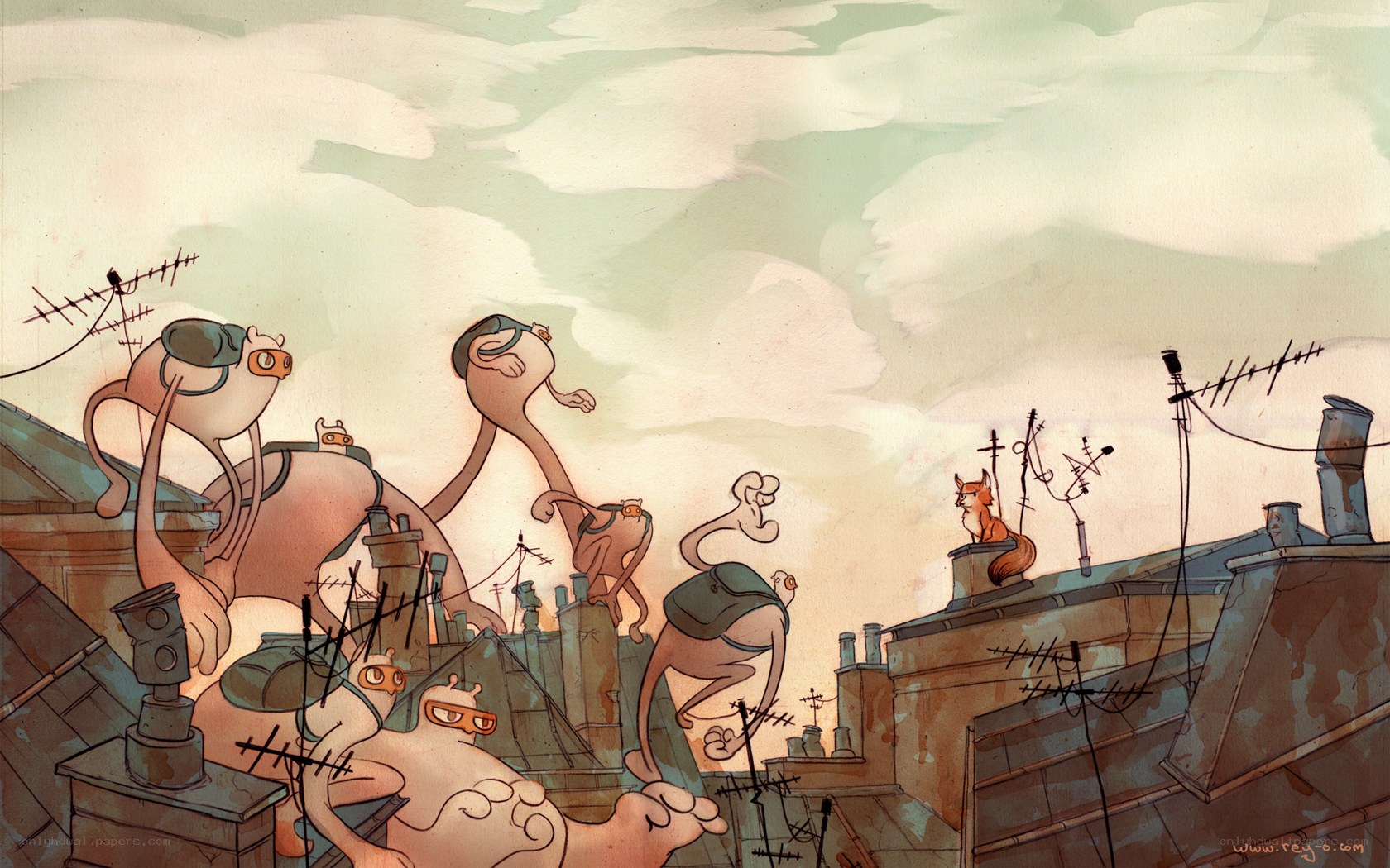 Cartoon creatures on rooftops