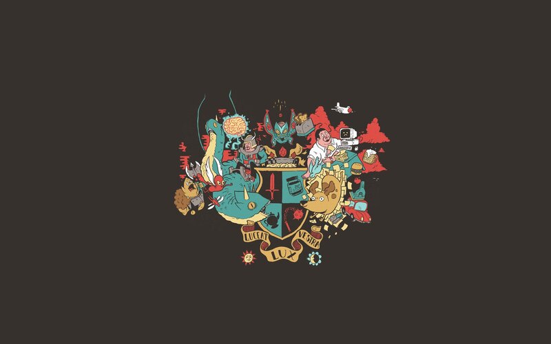 cartoon crest with pop culture icons