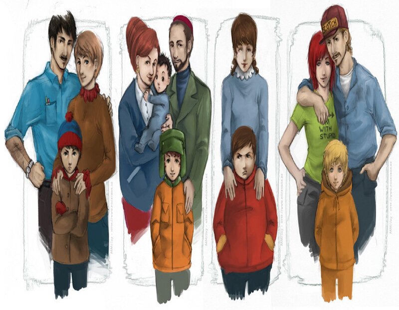 Cartoon families in winter clothes