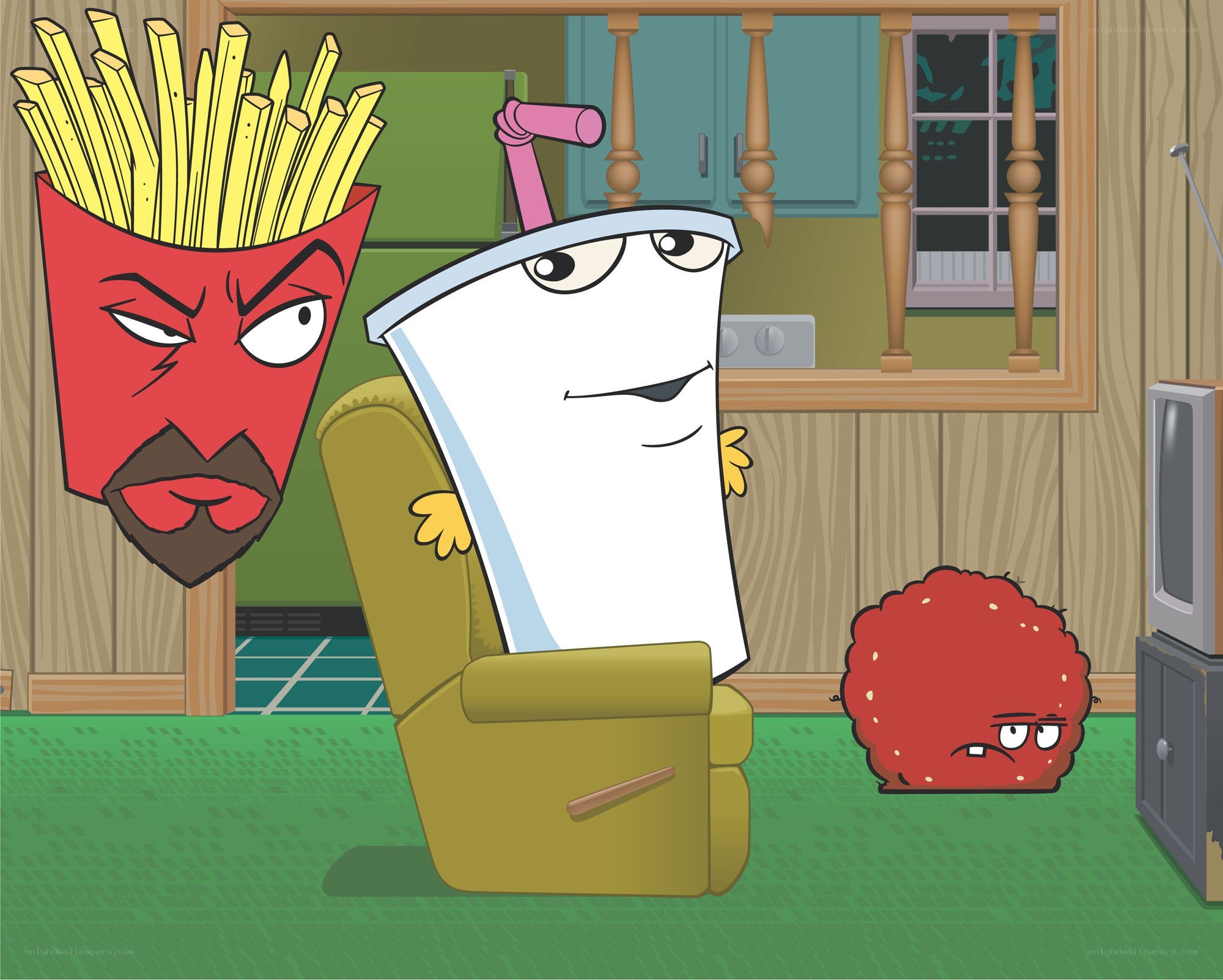 Cartoon food characters in a kitchen