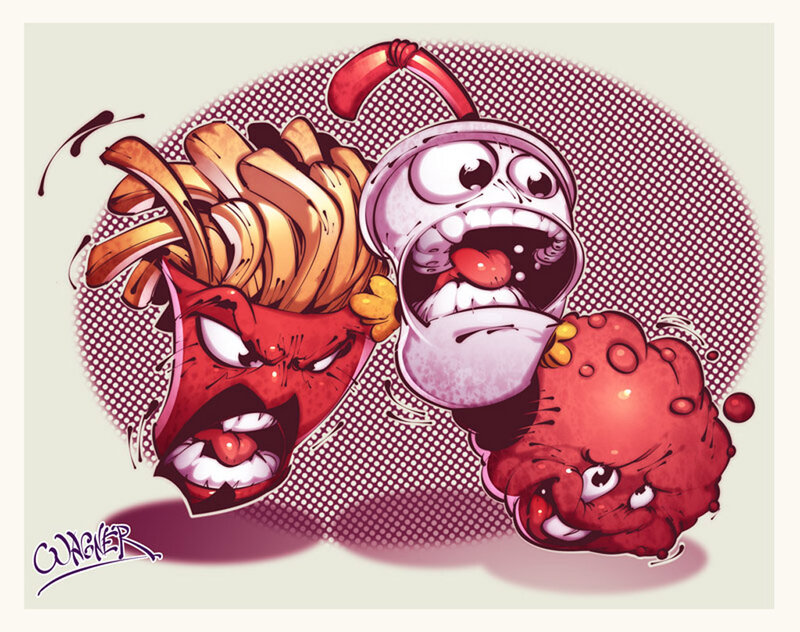 Cartoon food characters in conflict