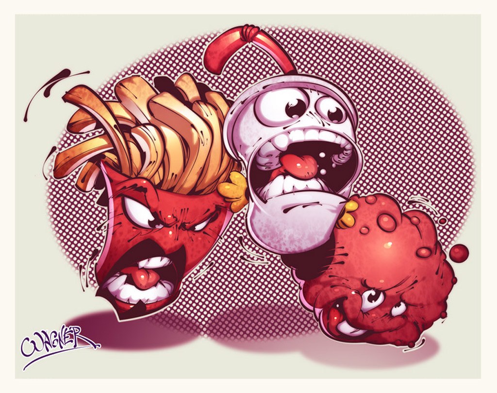 Cartoon food characters in conflict