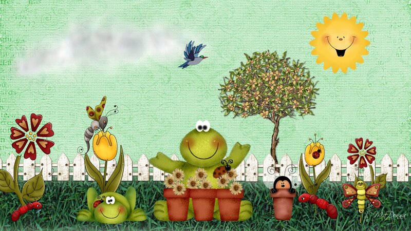 Cartoon Frogs in Garden
