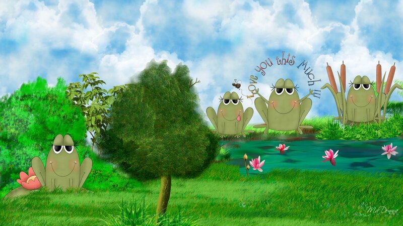 Cartoon Frogs in Pond