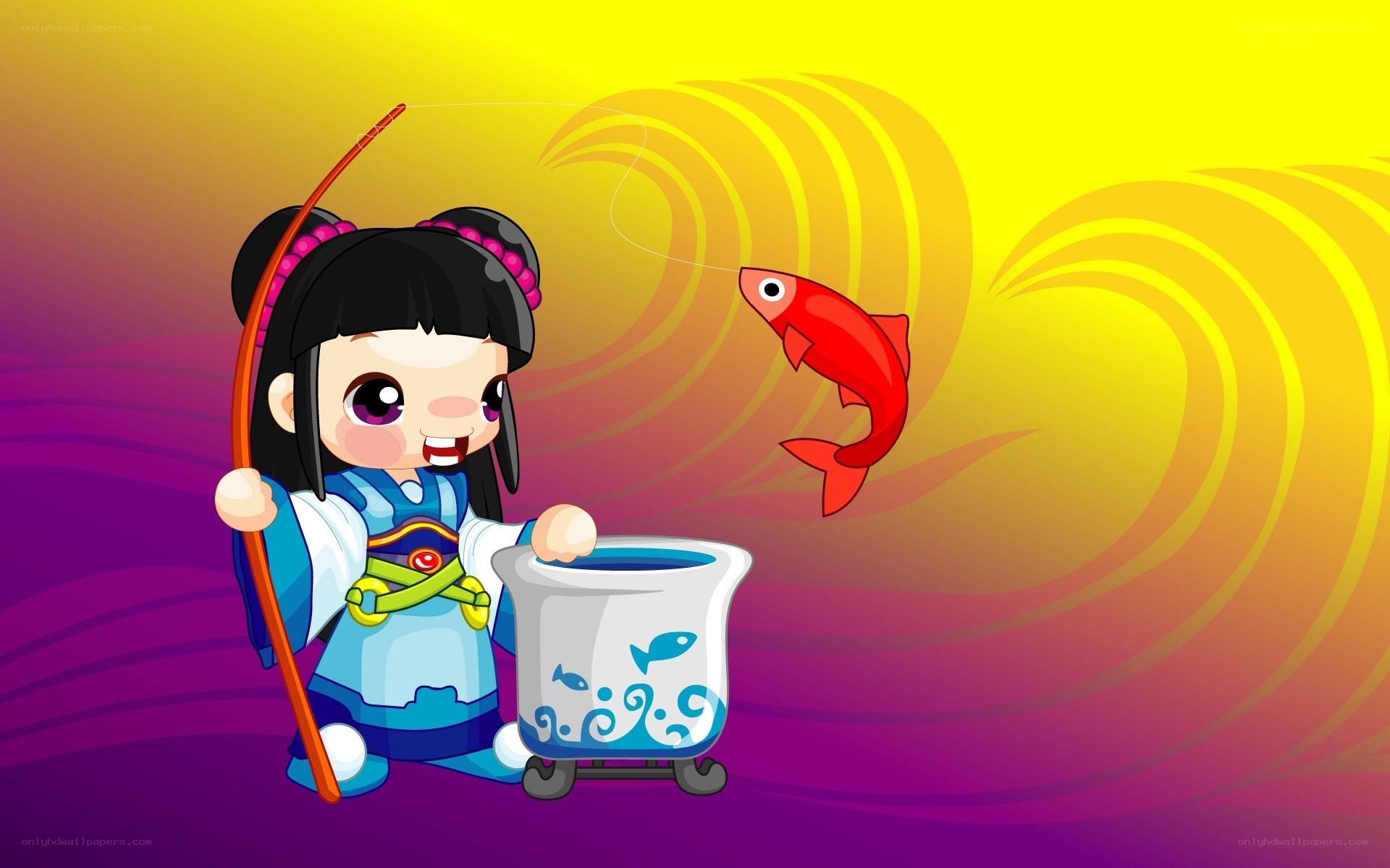 cartoon girl fishing for fish