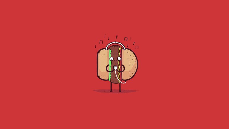 cartoon hot dog listening to music