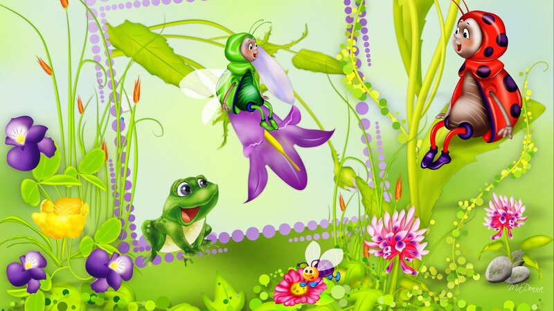 Cartoon Insects in Garden — Green