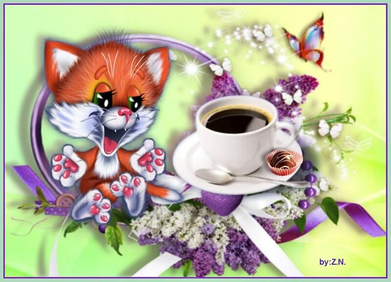 Cartoon Kitten with Coffee