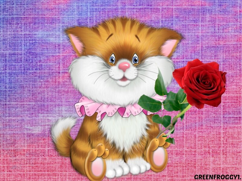 Cartoon Kitten with Rose