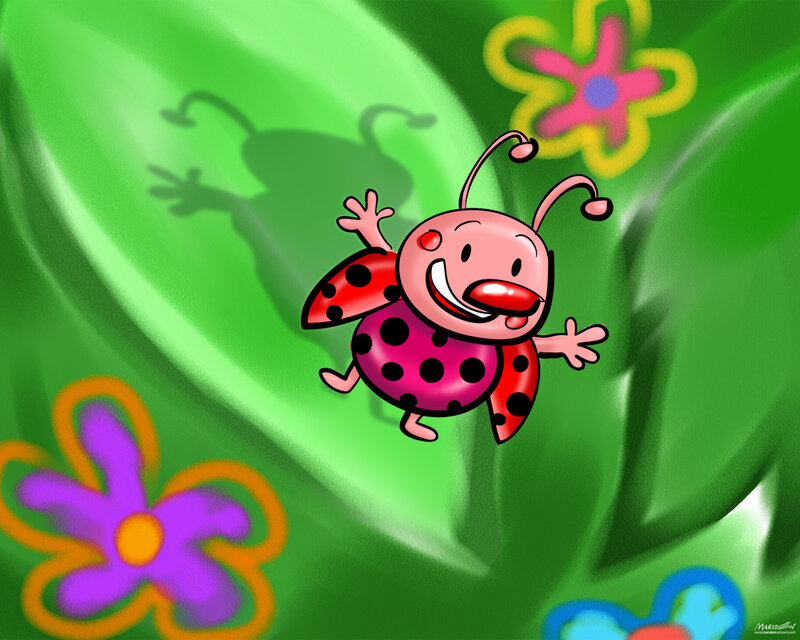 cartoon ladybug on green leaf