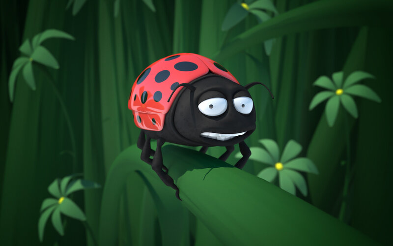 Cartoon Ladybug on Leaf — Green, Playful, 3d Render, Flowers