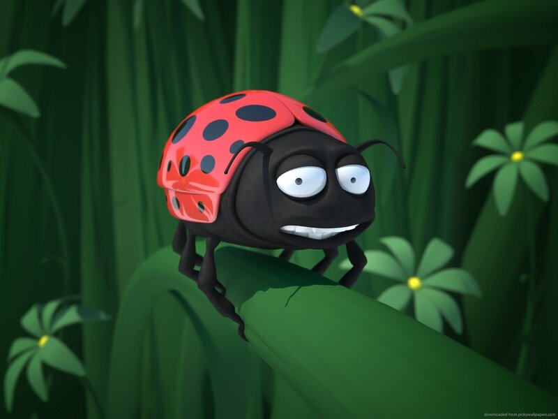 Cartoon Ladybug on Leaf — Green