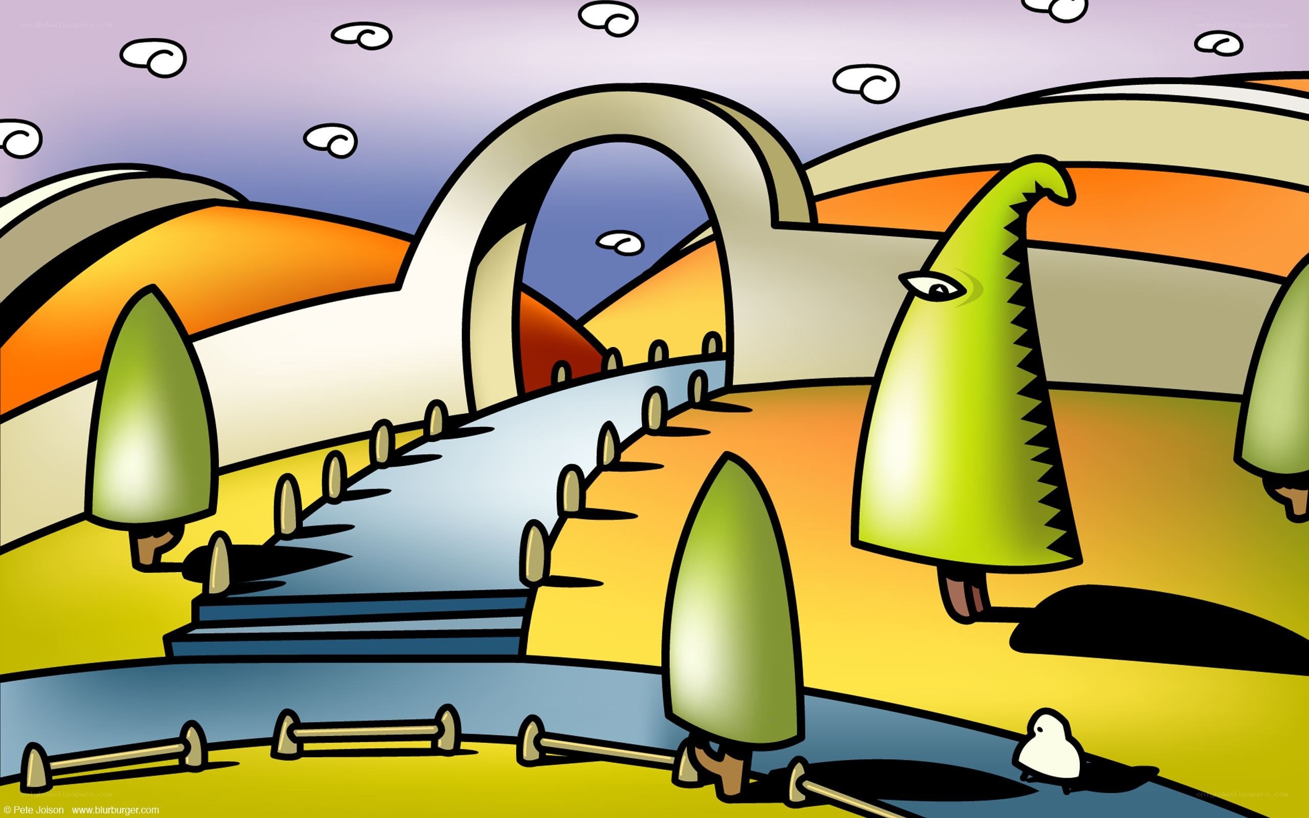 Cartoon landscape with arch and trees
